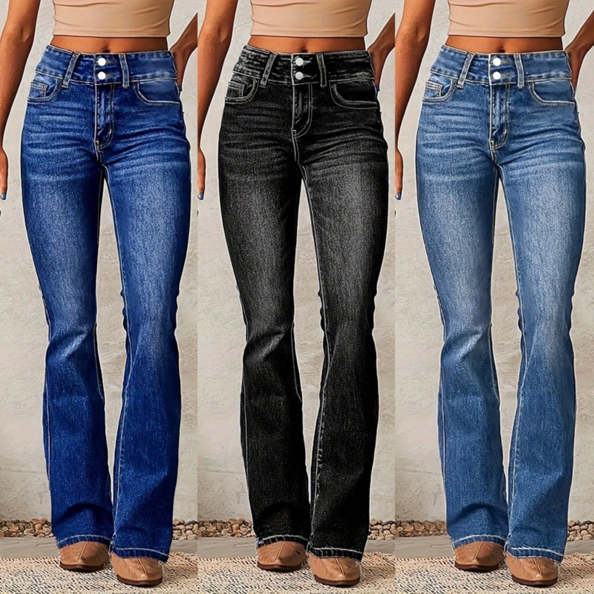 Jean évasé stretch vintage pour femme - Jean en denim délavé et usé, coupe pattes d'éléphant, idéal pour un look streetwear et rétro_voghion.com