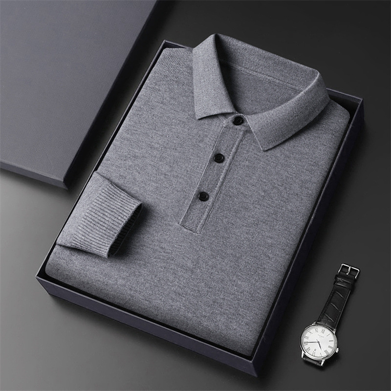 Long sleeved collar knitted men, autumn and winter new collection, solid color, middle-aged commuting, simple base_voghion.com
