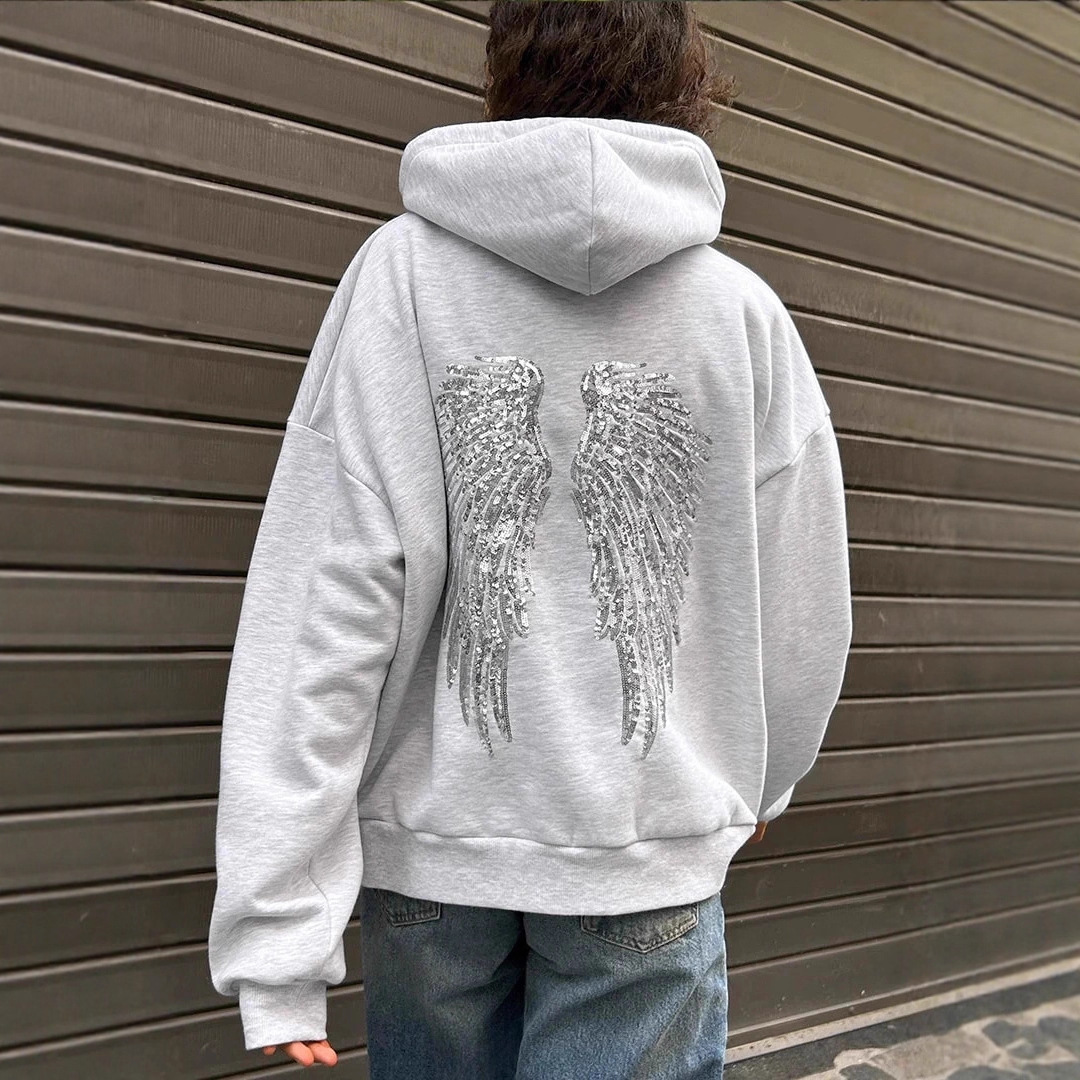 Women's Angel Wing Print Casual Sweatshirt And Joggers Set, Sparkly Sequins Two-Piece Outfit For Daily Wear