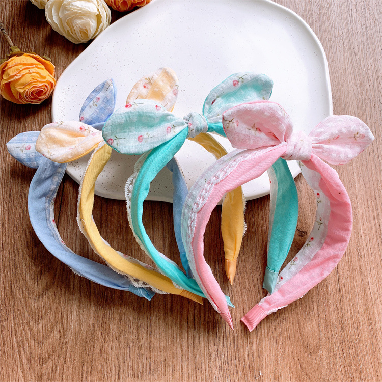 韓版小清新碎花布藝兔耳朵發箍甜美小女孩寬邊頭箍蝴蝶結髮卡頭飾