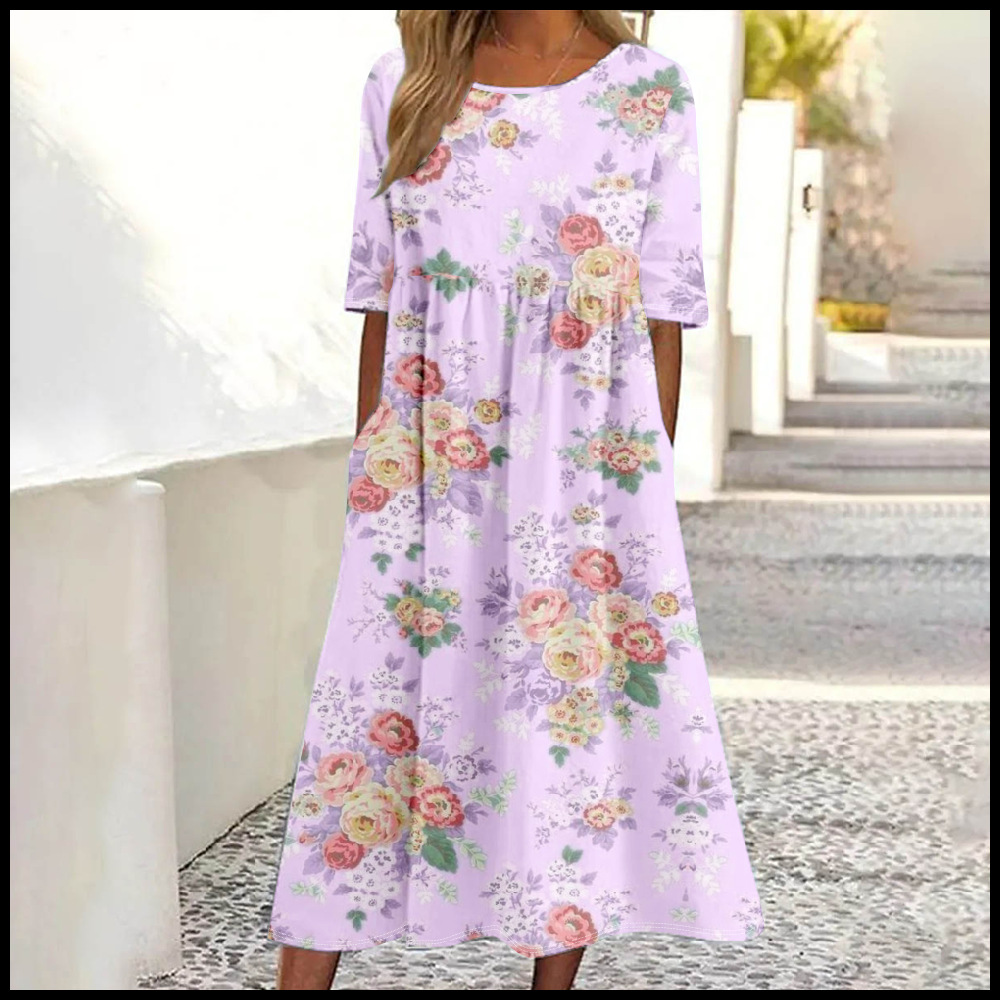 Women's Mid-Waist Summer Casual Round Neck Printed Flared Dress_ecoleips.com