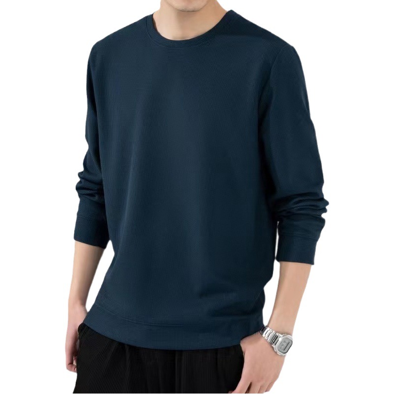 Spring and Autumn men's long-sleeved round neck sweater high quality waffle Stretch Slim bottoming shirt men's top one-piece delivery
