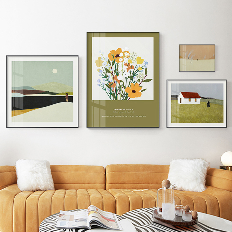 花の暮色北欧の客間の組み合わせはネットの赤い壁面の個性の抽象画のソファーの背景の壁の装飾画を掛けます。