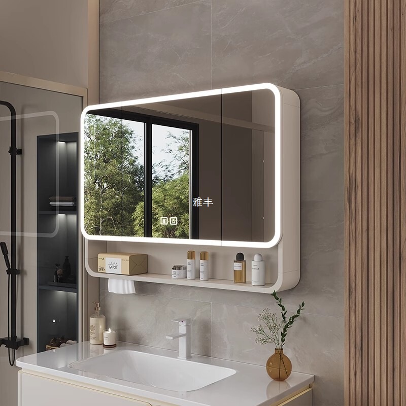 Space Aluminum Arc Smart Bathroom Mirror Cabinet Aluminum Alloy Mirror Box Bathroom Wall-Mounted Storage Locker with Light Mirror
