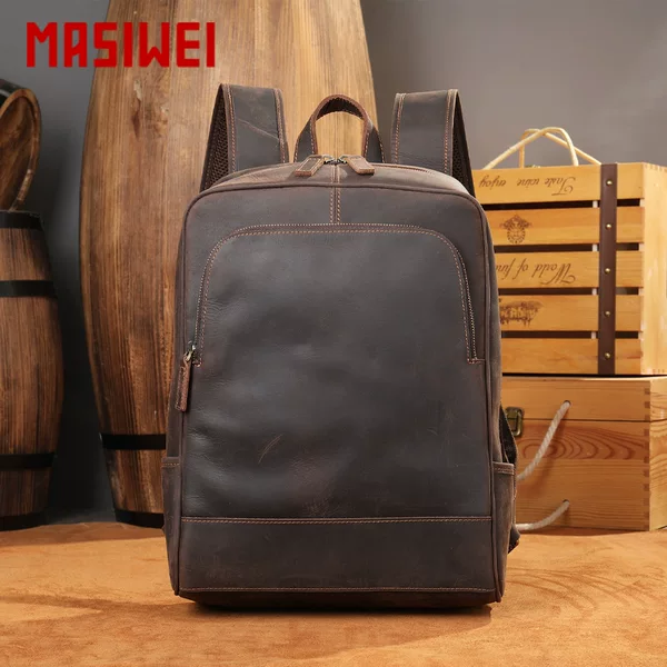 Masiwei Men's Genuine Leather Backpack Cowhide Outdoor Travel Retro School Bag Large Capacity Business Computer Backpack