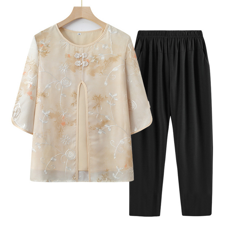 Middle-aged and Elderly Summer Dress Fake Two-piece T-shirt Female Grandma's Summer Top Middle-aged Mother's Seven-sleeve Chiffon Small Shirt