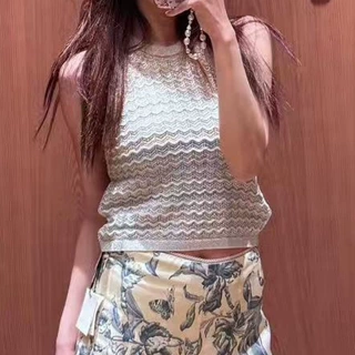 S家 24法式优雅女装渐变色波浪纹镂空针织圆领无袖吊带背心女上衣