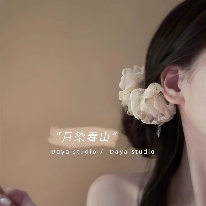 牡丹パウダー雰囲気フレンチレトロシフォンフラワーフェザーグリッパーニッチ後頭部ヘアシャーククリップ女性用|undefined
