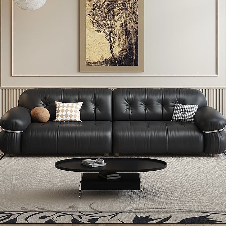 Modern Retro Steel Frame Sofa, Italian Light Luxury Leather Sofa, New Simple Straight Line Pure Black Style Leather Sofa