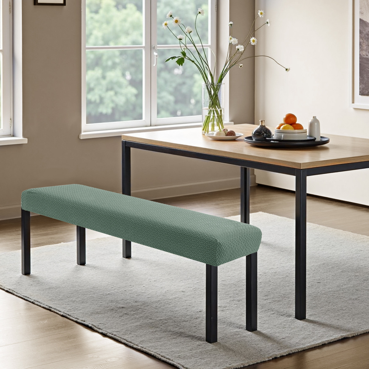 Tejido transfronterizo jacquard en forma de T patrón de rayas cubierta de taburete larga con hebilla, hotel elástico grueso, cambio de zapatos, paquete de taburete, cubierta de silla