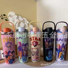 亚马逊新款卡通图片双层真空保温杯大容量提手水果杯户外便携弹跳
