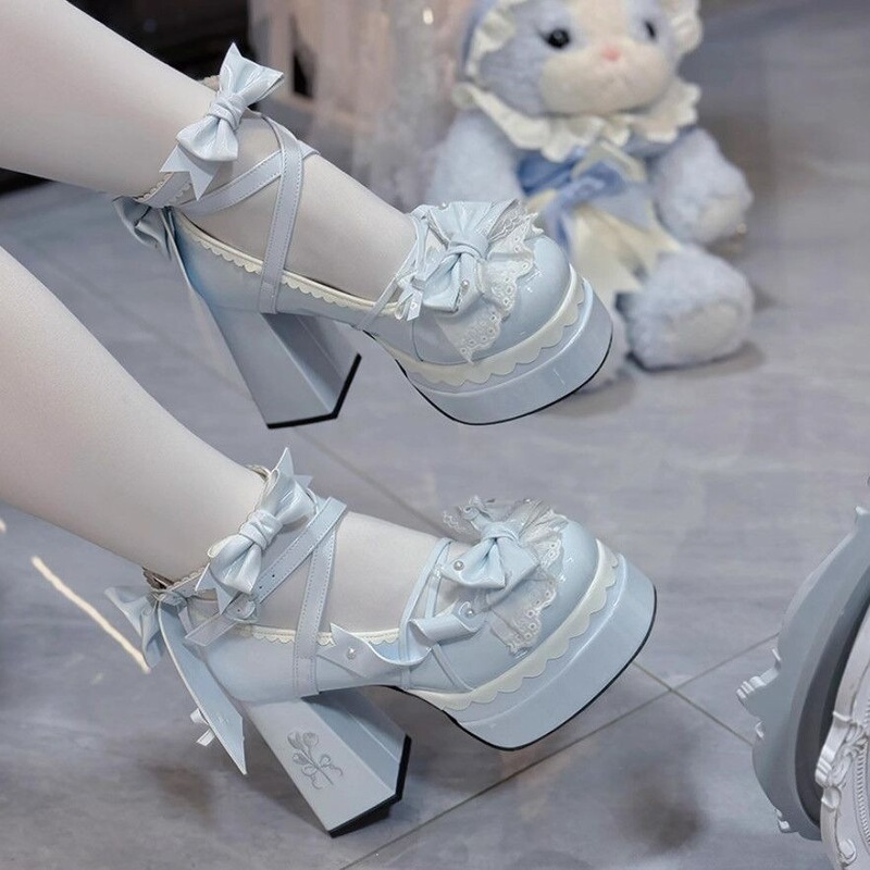 Sweet Fairy-Like Wavy Lolita Style with Elegant Bow Lace, Cute Mary Jane Sweet Girl High Heels