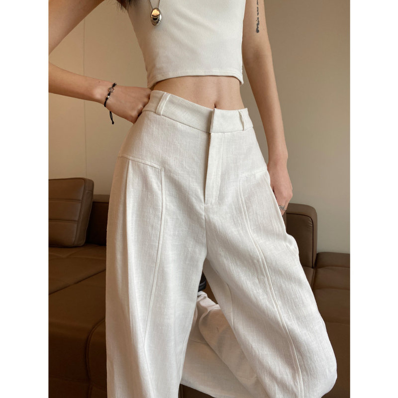 White Ramie Wide-Leg Pants for Women, Summer Thin High-Waisted Drapey Old Money Style Suit Straight-Leg Cotton-Linen Casual Pants