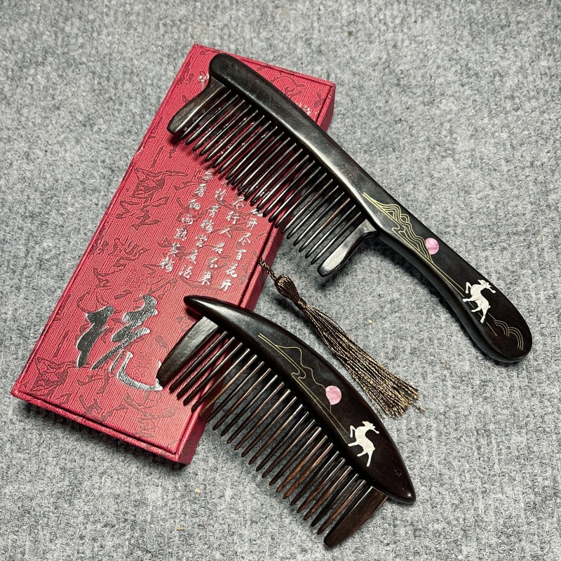 紫光檀插齿檀木半月梳非遗螺细工艺彩贝镶嵌檀木梳文创礼品木梳礼|undefined