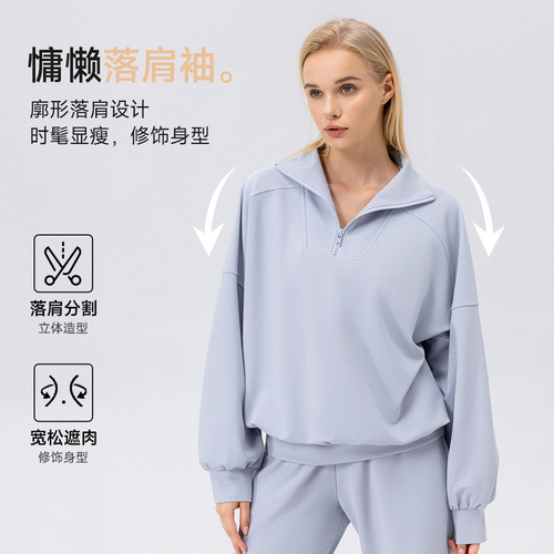 European and American-style autumn/winter women's sports hoodie with half-zip, featuring long sleeves, a relaxed fit, and perfect for outdoor activities like fitness, running, or casual wear.