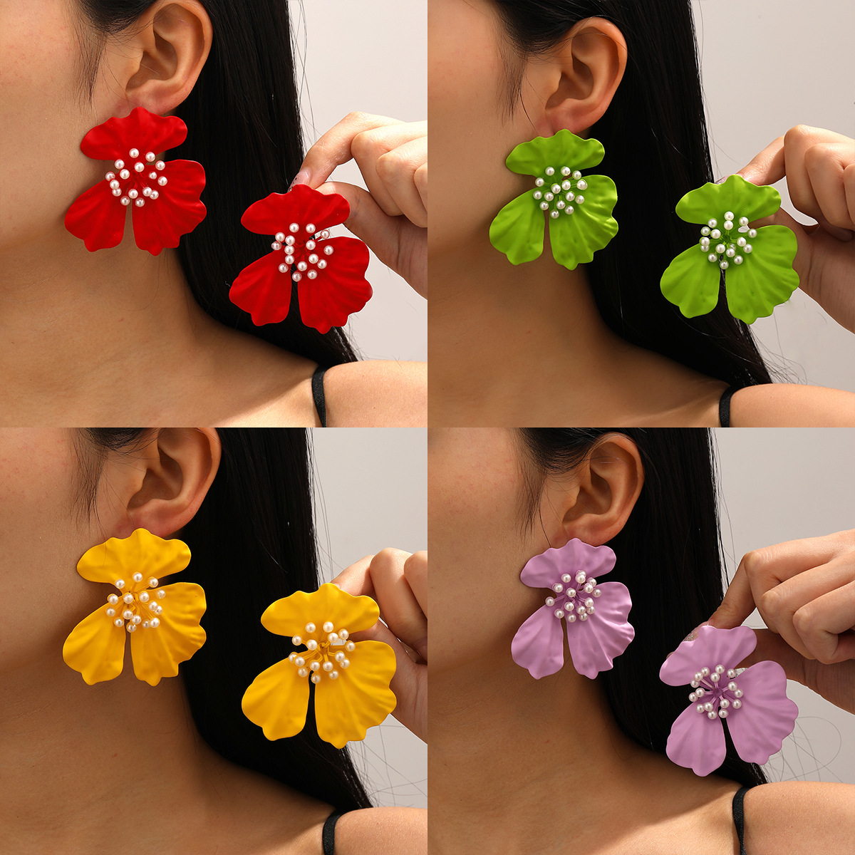 Pendientes de flores grandes con pintura en aerosol de color caramelo de moda europea y americana Pendientes de flores grandes con incrustaciones de perlas exageradas de moda