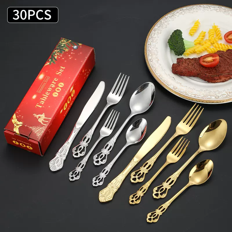跨境不锈钢餐具刀叉勺皇庭镀金西餐牛排刀叉甜品勺叉圣诞礼盒套装