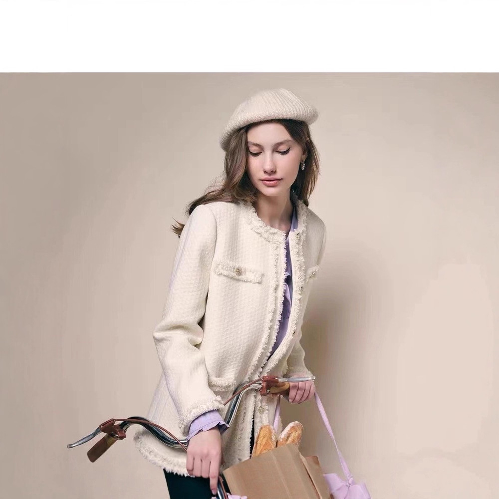 High-End Accessible Luxury 2025 Autum New Style Simple and Fashionable Mid-Length Wool Blended Tweed Small Fragrance Jacket for Women
