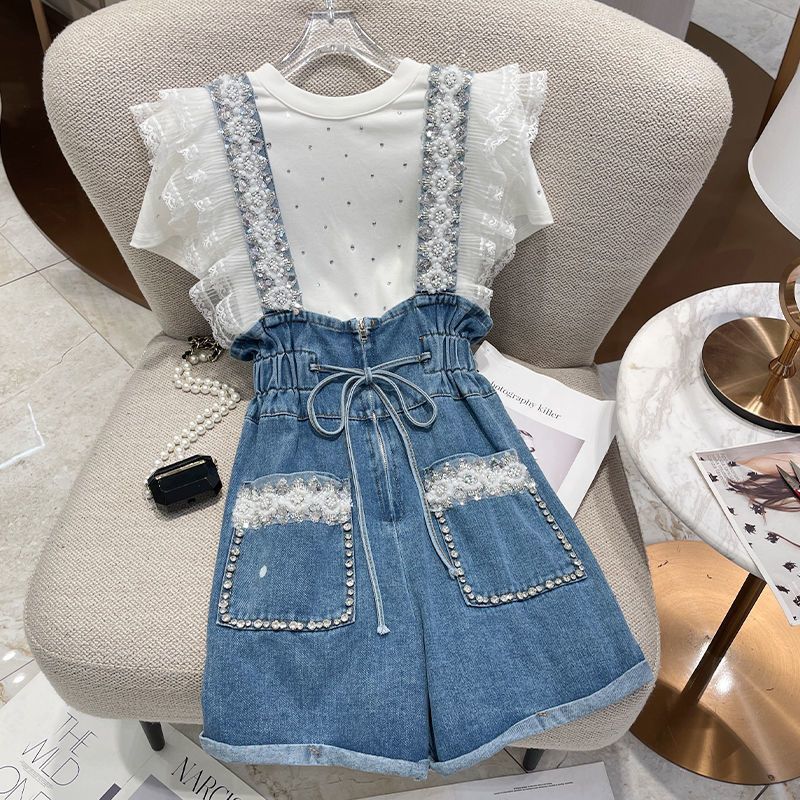 夏装女2025新款设计感洋气重工钉珠荷叶边牛仔背带裤短裤欧货精品