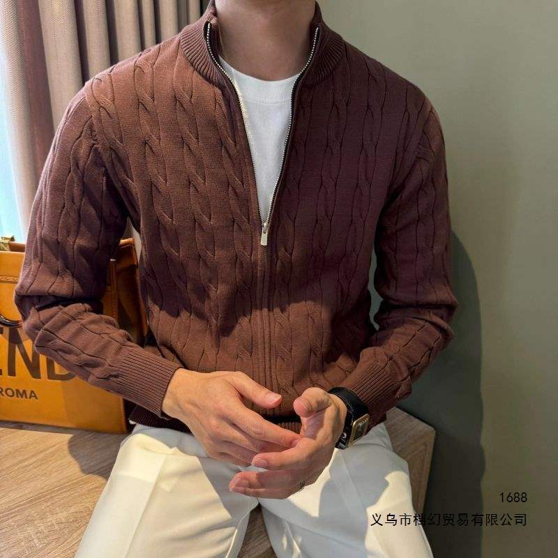 Retro cable knit stand collar cardigan sweater for men and women, autumn and winter, loose, lazy, versatile, casual knitwear, trendy.