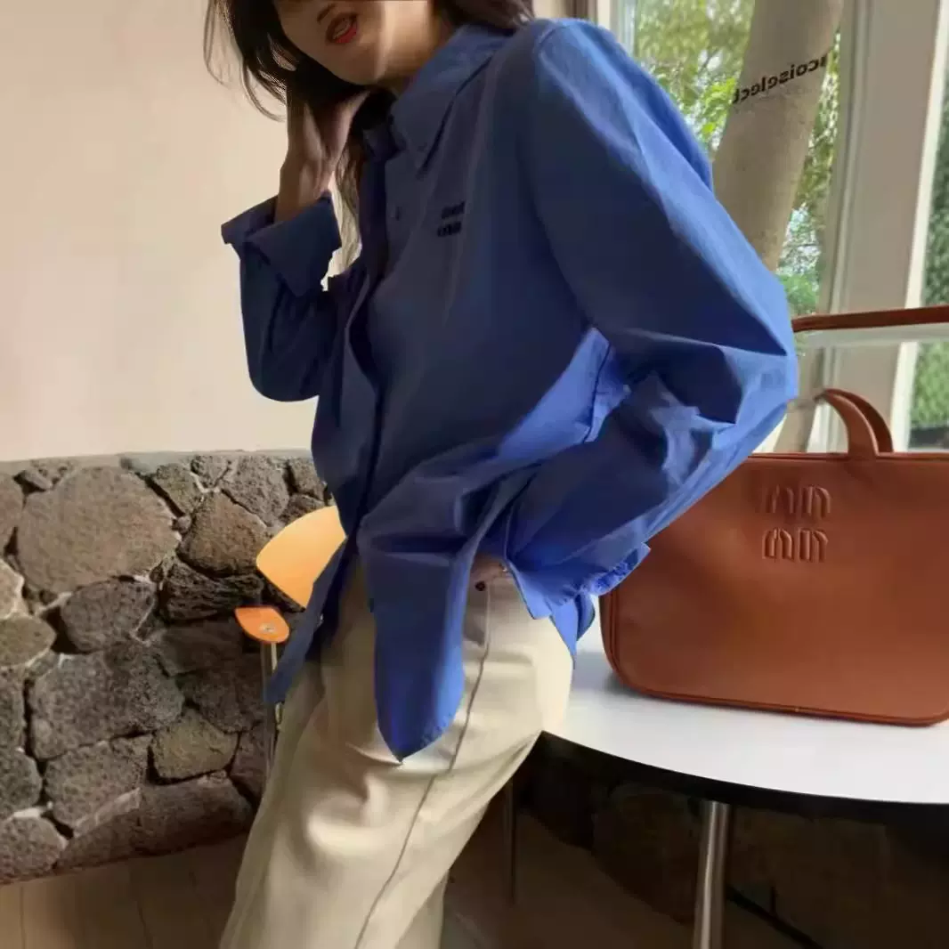 现货刘亦菲同款蓝miu家衬衫女韩版宽松休闲百搭长袖衬衣女上衣