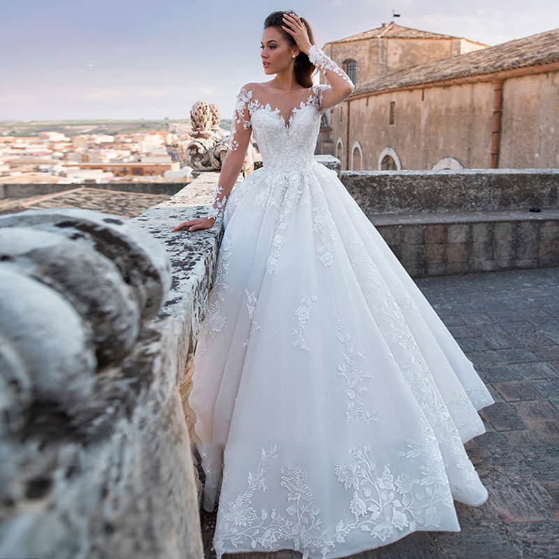Cross-Border European and American Foreign Trade Long Train Cross-Border New Style Wedding Dress Retro Sexy Sheer V-Neck Long-Sleeve Wedding Gown
