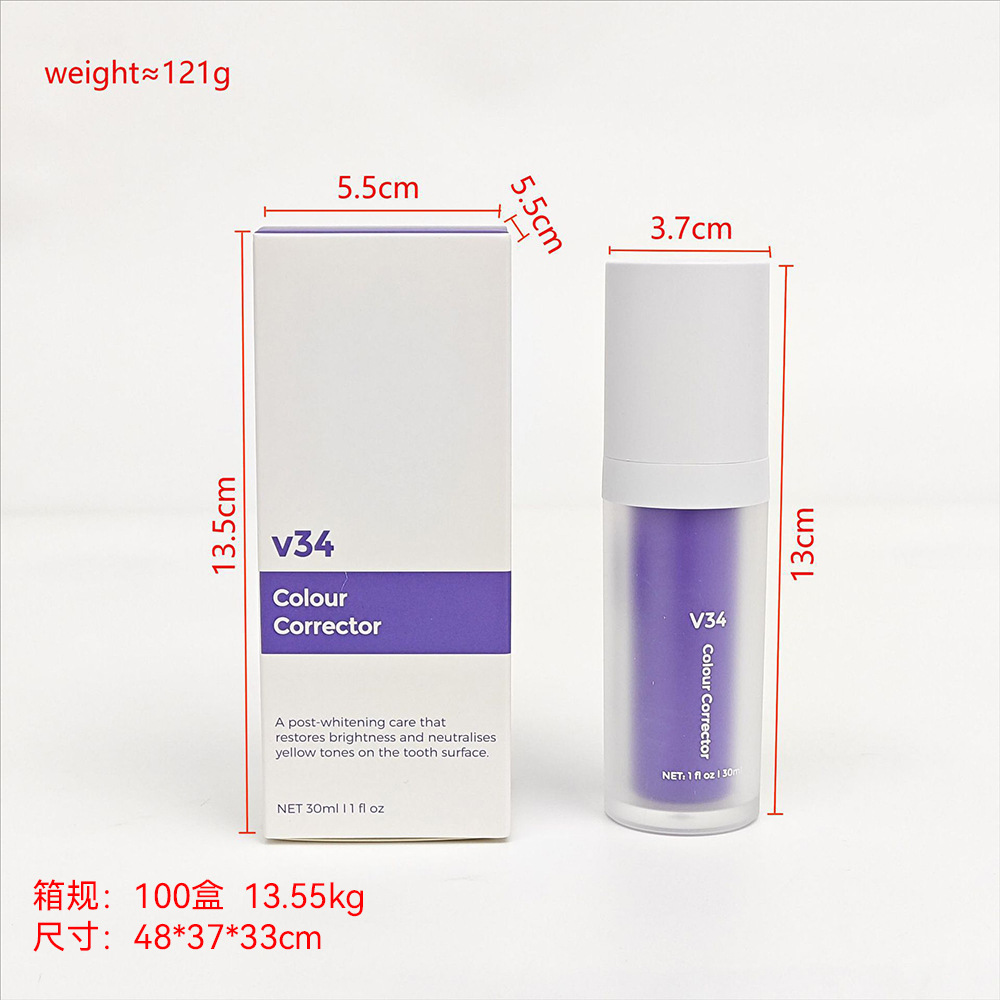 V34歯磨き粉は国境を越えて人気があり、紫色の歯磨き粉は口内を清潔にし、歯の黄ばみを取り除き、口臭を解消し、歯を白くします。卸売販売です。