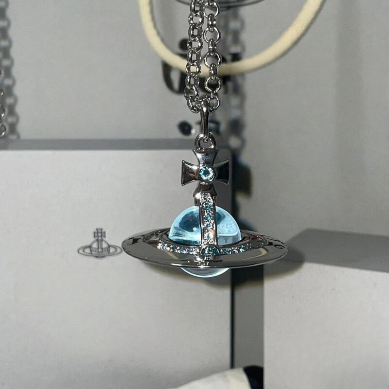 New High Version Empress Dowager Glacier Blue Orb Stereo Planet Necklace Big small size Saturn All-match Woolen Chain Trendy