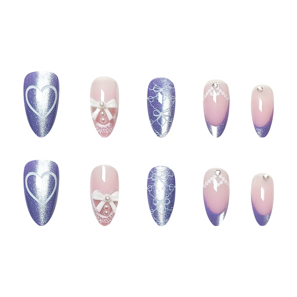 Púrpura polvo gradiente de encaje amor usar uñas, arco tridimensional, ojo de gato, 24 piezas de uñas falsas de comercio exterior, lote mixto image 5