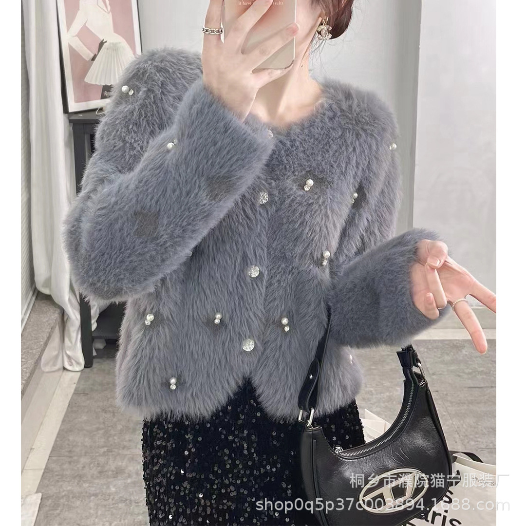 Autumn and Winter New Design Imitation Mink Velvet Beaded French European and American Style Short Knitted Sweater Cardigan for Women