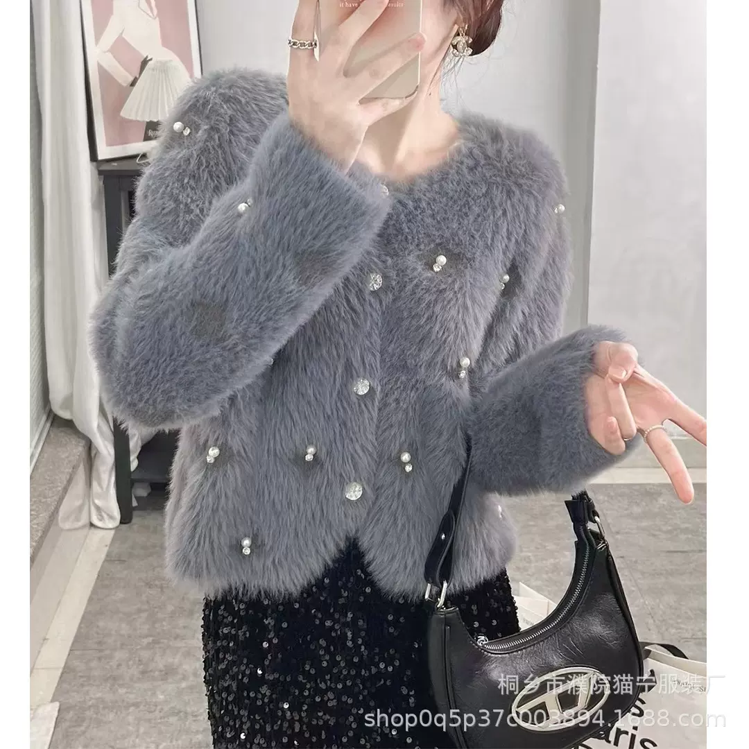 秋冬季新款设计感仿水貂绒钉珠法式小香风气质短款针织毛衣女开衫