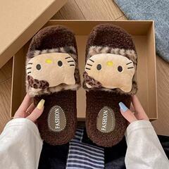 爆款kitty猫毛毛拖鞋女外穿厚底秋冬新款平底防滑毛绒绒棉拖鞋女
