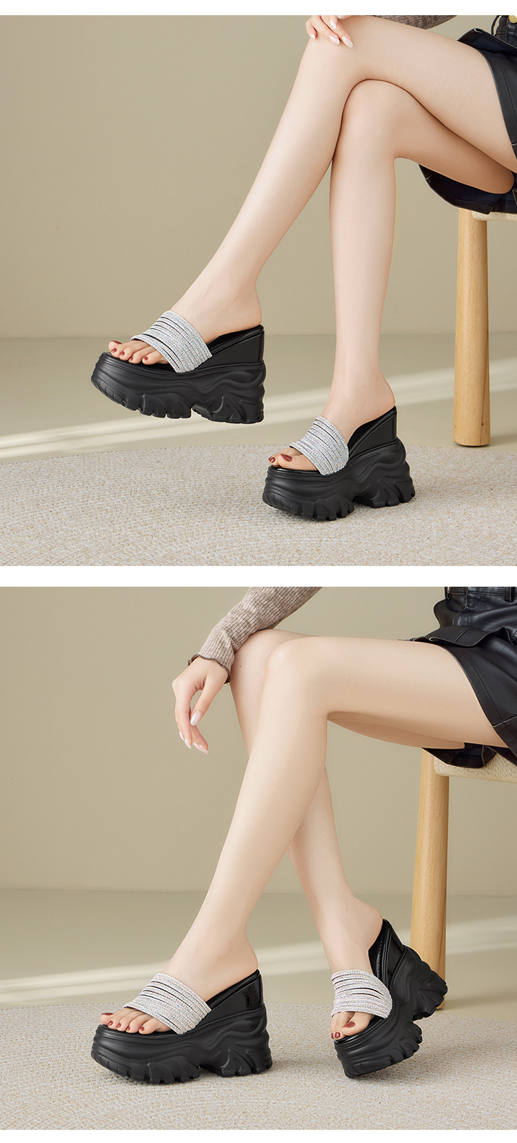 Sandal cao gót nữ đính đá quai ngang đế dày platform gót 9 cm — màu đen, màu trắng ngà chi tiết 6