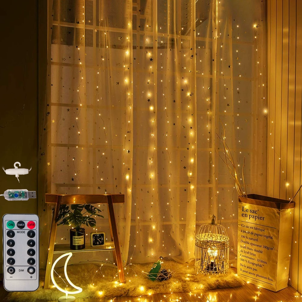 Светодиодная гирлянда-штора 3* 3m на медной проволоке, рождественское украшение, с USB-пультом дистанционного управления, разноцветная световая лента для создания праздничной атмосферы