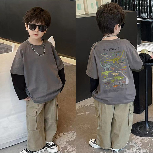 100% Cotton Children's Long-Sleeve T-Shirt Spring and Autumn Boys Korean Style Dinosaur Cartoon False Two-Piece Hipster Outerwear Top