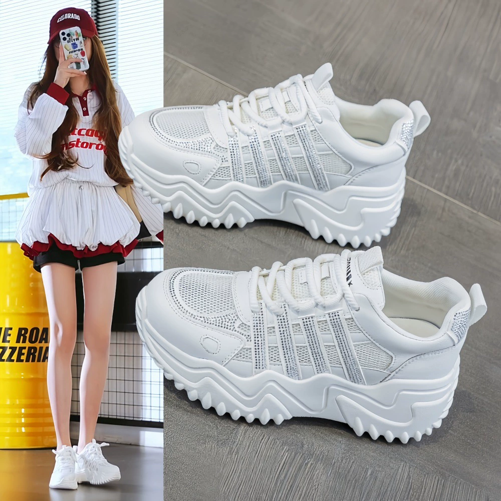 2025 летние новые белые туфли для женщин, модные студенческие спортивные туфли в корейском стиле с толстой подошвой с бриллиантами, универсальные повседневные уличные туфли