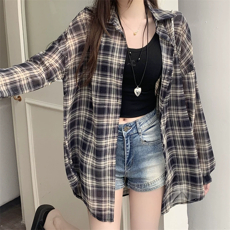 YS8 реальный снимок, солнцезащитная куртка-кардиган, летняя тонкая, модная и блестящая верхняя клетчатая рубашка