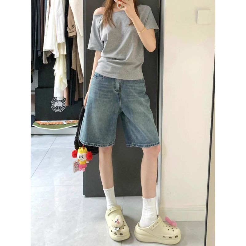 Vintage Straight-Leg Denim Shorts for Women, Summer Thin Style, 2026 New Model, Plus-Size, High-Waisted, Hip-Covering, Slimming, Knee-Length Shorts