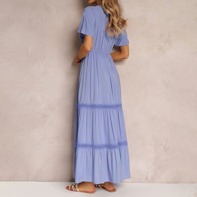 Women's Clothing Elegant Style Women's Long Sleeve Lace Ruffle Sleeve V Neck Solid Color Dress Full Skirt Fashion_ecoleips.com