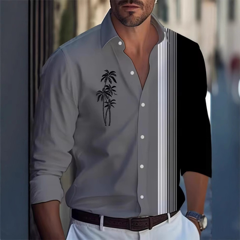 2025 Men's Long Sleeve Shirt Palm Tree and Stripe 3D Printed Shirt Fashion Daily Men's Casual Shirt
