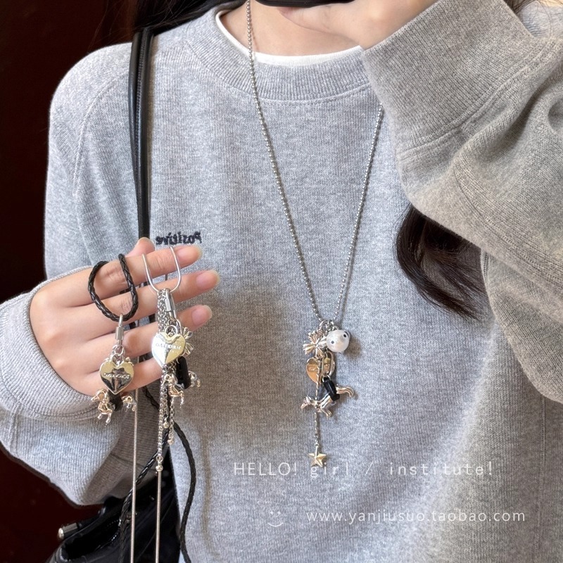 韩系博主同款银色爱心小狗吊坠项链女夏天小众高级长款配饰毛衣链|undefined