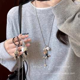 韩系博主同款银色爱心小狗吊坠项链女秋冬小众高级长款配饰毛衣链