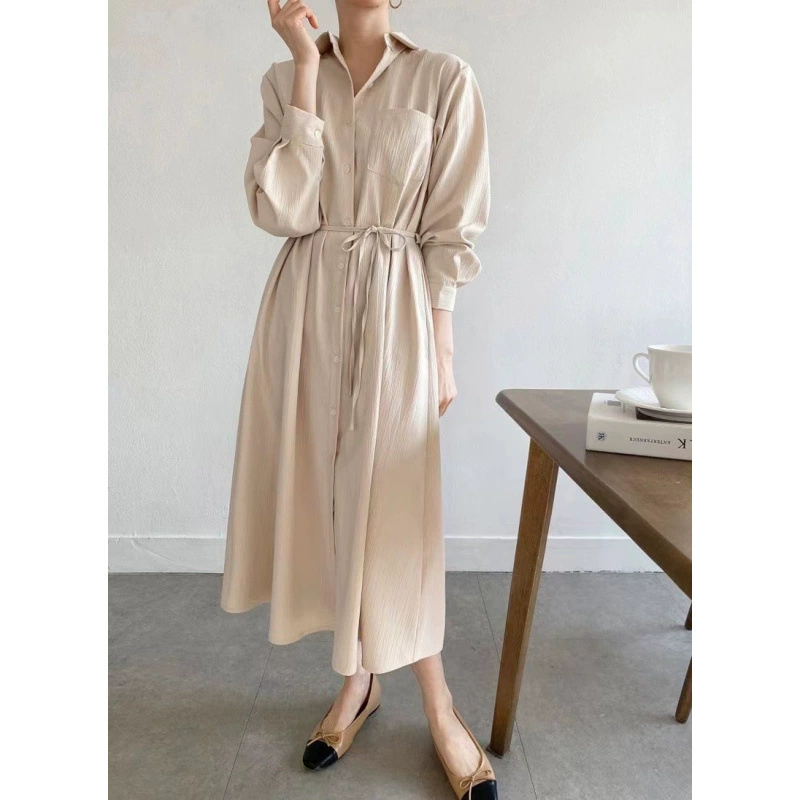 Корейское шикарное весеннее новое универсальное однобортное платье-рубашка с лацканами и шнуровкой на талии для женщин