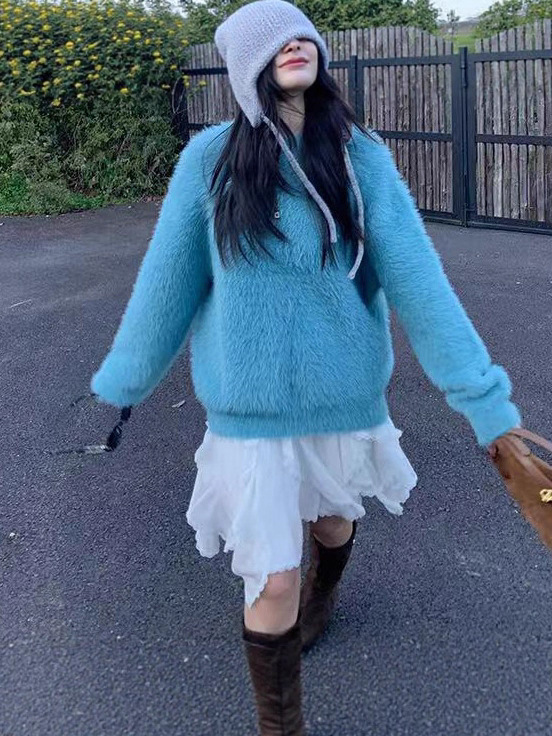 奶黄色毛衣女装秋冬宽松软糯慵懒风针织衫圆领仿貂绒加厚软糯上衣|undefined