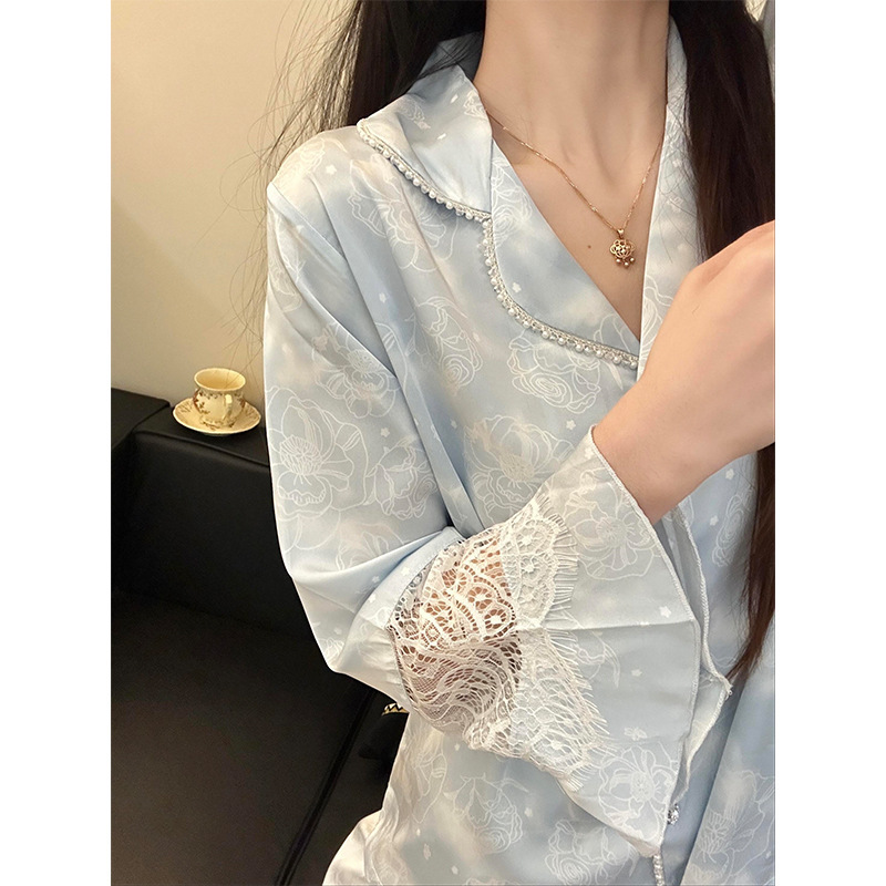高级轻奢蕾丝花边长袖睡衣女春秋款新款网红大码冰丝家居服两件套|undefined