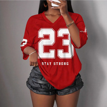 跨境亚马逊运动风数字印花撞色拼接网眼短袖t恤球衣休闲宽松上衣