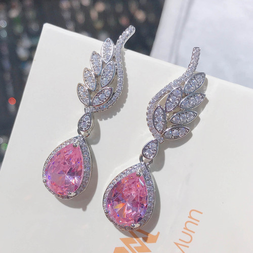 2pairs Light luxury romantic pink stud earrings with water droplets pink diamond wings earrings women