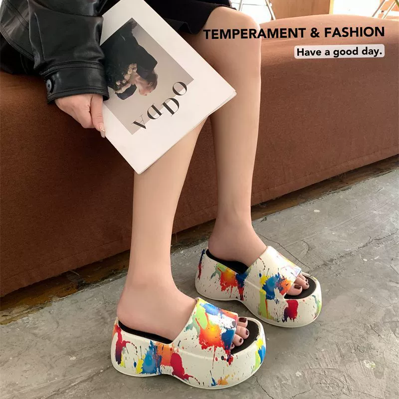 Женские тапочки на толстой подошве 8,0, увеличивающие рост, новая летняя верхняя одежда, модные пляжные тапочки из ЭВА с ярким принтом для женщин