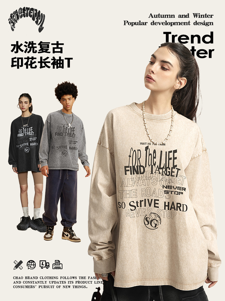 2025 primavera marca de moda europea y americana lavado con agua imprimida camiseta de hombre blusa casual cuello redondo letras de manga larga tee ropa de hombre