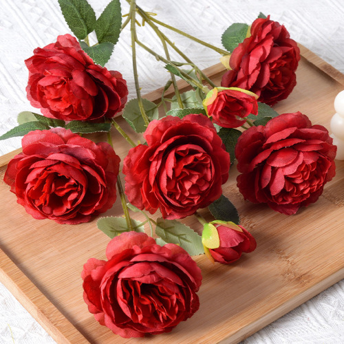 Simulated Peony Three-headed Peony Camellia Rose Silk Artificial Flower Wedding Ceremony Hall Hotel Home Decoration Ornaments
